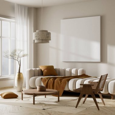 Ahşap mobilyalar ve hammaddeler ile Japon tarzı iç dizayn. Japandi tarzında bir poster çerçevesi. 3B illüstrasyon