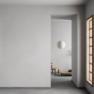 Ahşap mobilyalar ve hammaddeler ile Japon tarzı iç dizayn. Japandi tarzı iç mekan. 3B illüstrasyon