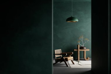 Japandi tarzı iç tasarım, ahşap mobilyalar ve hammaddeler. Boş duvar, Japandi tarzında modelleme yapıyor. 3B illüstrasyon