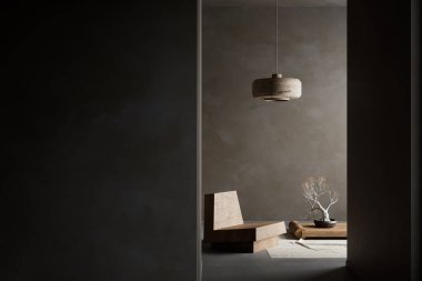 Japandi tarzı iç tasarım, ahşap mobilyalar ve hammaddeler. Boş duvar, Japandi tarzında modelleme yapıyor. 3B illüstrasyon