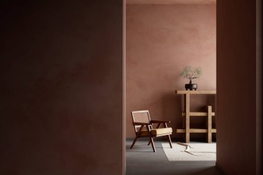 Japandi tarzı iç tasarım, ahşap mobilyalar ve hammaddeler. Boş duvar, Japandi tarzında modelleme yapıyor. 3B illüstrasyon