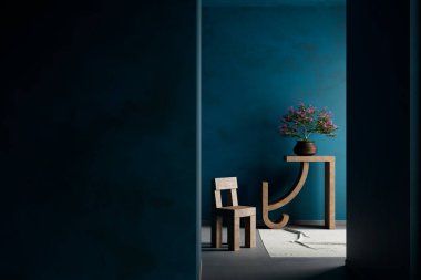 Japandi tarzı iç tasarım, ahşap mobilyalar ve hammaddeler. Boş duvar, Japandi tarzında modelleme yapıyor. 3B illüstrasyon