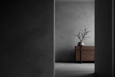 Japandi tarzı iç tasarım, ahşap mobilyalar ve hammaddeler. Boş duvar, Japandi tarzında modelleme yapıyor. 3B illüstrasyon