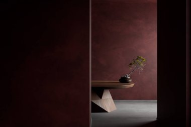 Japandi tarzı iç tasarım, ahşap mobilyalar ve hammaddeler. Boş duvar, Japandi tarzında modelleme yapıyor. 3B illüstrasyon