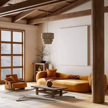 Japandi tarzı iç tasarım, ahşap mobilyalar ve hammaddeler. Japandi tarzında bir poster çerçevesi. 3B illüstrasyon