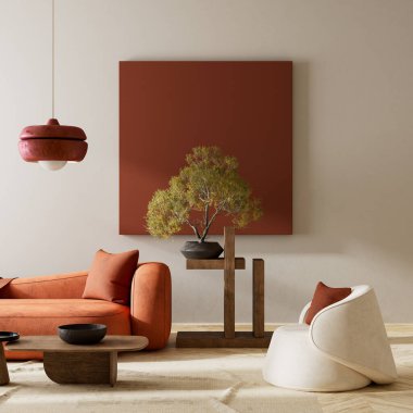 Japandi tarzı iç tasarım, ahşap mobilyalar ve hammaddeler. Boş duvar, Japandi tarzında modelleme yapıyor. 3B illüstrasyon