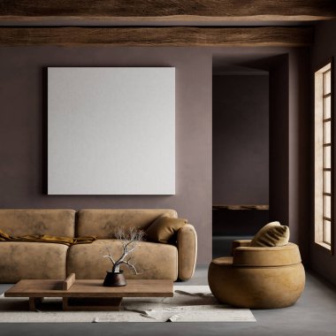 Japandi tarzı iç tasarım, ahşap mobilyalar ve hammaddeler. Japandi tarzında bir poster çerçevesi. 3B illüstrasyon