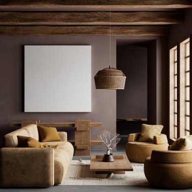 Japandi tarzı iç tasarım, ahşap mobilyalar ve hammaddeler. Japandi tarzında bir poster çerçevesi. 3B illüstrasyon