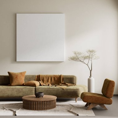 Japandi tarzı iç tasarım, ahşap mobilyalar ve hammaddeler. Japandi tarzında bir poster çerçevesi. 3B illüstrasyon