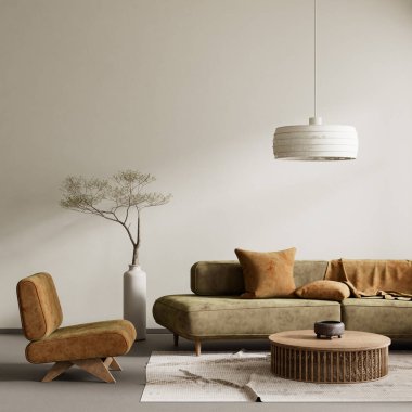 Japandi tarzı iç tasarım, ahşap mobilyalar ve hammaddeler. Boş duvar, Japandi tarzında modelleme yapıyor. 3B illüstrasyon