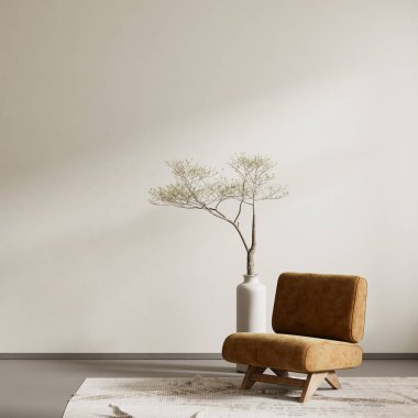 Japandi tarzı iç tasarım, ahşap mobilyalar ve hammaddeler. Boş duvar, Japandi tarzında modelleme yapıyor. 3B illüstrasyon