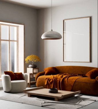 Japandi tarzı iç tasarım, ahşap mobilyalar ve hammaddeler. Japandi tarzında bir poster çerçevesi. 3B illüstrasyon