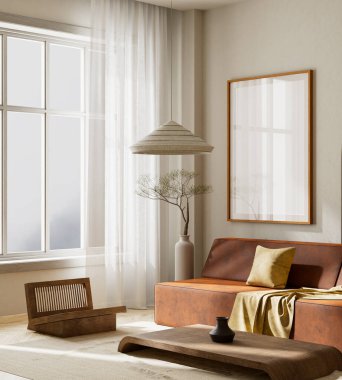 Oturma odasının iç kısmı, modern mobilyalar ve dekoratif kemer. Boş duvar modern iç dizaynla modellenir. 3B illüstrasyon