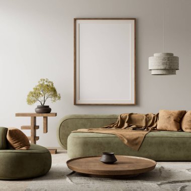 Japandi tarzı iç tasarım, ahşap mobilyalar ve hammaddeler. Japandi tarzında bir poster çerçevesi. 3B illüstrasyon