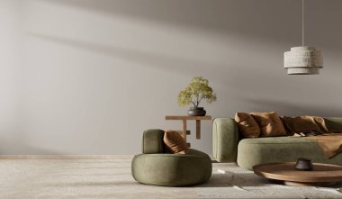 Japandi tarzı iç tasarım, ahşap mobilyalar ve hammaddeler. Boş duvar, Japandi tarzında modelleme yapıyor. 3B illüstrasyon