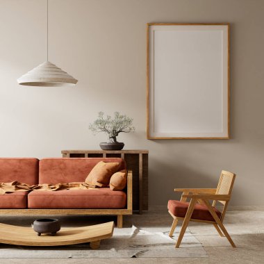 Japandi tarzı iç tasarım, ahşap mobilyalar ve hammaddeler. Japandi tarzında bir poster çerçevesi. 3B illüstrasyon
