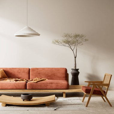 Japandi tarzı iç tasarım, ahşap mobilyalar ve hammaddeler. Boş duvar, Japandi tarzında modelleme yapıyor. 3B illüstrasyon