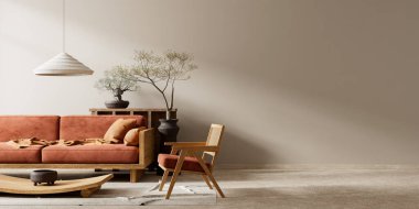 Japandi tarzı iç tasarım, ahşap mobilyalar ve hammaddeler. Boş duvar, Japandi tarzında modelleme yapıyor. 3B illüstrasyon