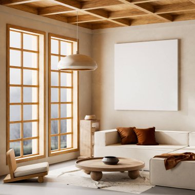 Japandi tarzı iç tasarım, ahşap mobilyalar ve hammaddeler. Japandi tarzında bir poster çerçevesi. 3B illüstrasyon