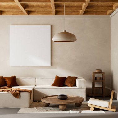 Japandi tarzı iç tasarım, ahşap mobilyalar ve hammaddeler. Japandi tarzında bir poster çerçevesi. 3B illüstrasyon