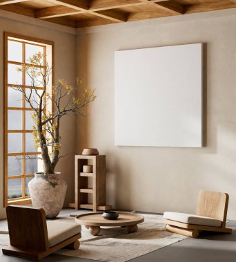 Japandi tarzı iç tasarım, ahşap mobilyalar ve hammaddeler. Japandi tarzında bir poster çerçevesi. 3B illüstrasyon