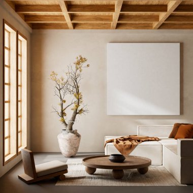 Japandi tarzı iç tasarım, ahşap mobilyalar ve hammaddeler. Japandi tarzında bir poster çerçevesi. 3B illüstrasyon