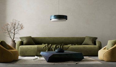 Oturma odasının içi modern mobilyalarla dolu. Boş duvar modern iç dizaynla modellenir. 3B illüstrasyon