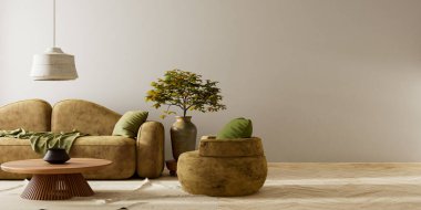 Oturma odasının içi modern mobilyalarla dolu. Boş duvar modern iç dizaynla modellenir. 3B illüstrasyon