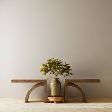 Oturma odasının içi modern mobilyalarla dolu. Boş duvar modern iç dizaynla modellenir. 3B illüstrasyon