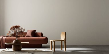 Oturma odasının içi modern mobilyalarla dolu. Boş duvar modern iç dizaynla modellenir. 3B illüstrasyon