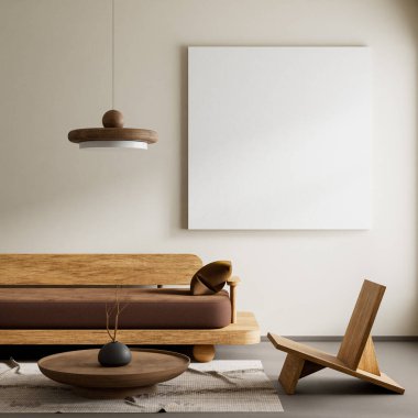 Oturma odasının içi modern mobilyalarla dolu. Poster çerçevesi modern iç tasarımı taklit ediyor. 3B illüstrasyon