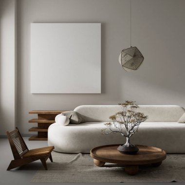 Oturma odasının içi modern mobilyalarla dolu. Poster çerçevesi modern iç tasarımı taklit ediyor. 3B illüstrasyon