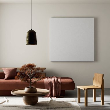 Oturma odasının içi modern mobilyalarla dolu. Poster çerçevesi modern iç tasarımı taklit ediyor. 3B illüstrasyon