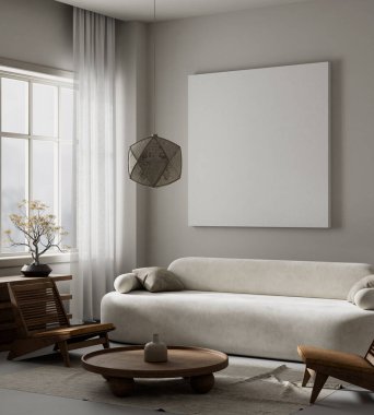 Oturma odasının içi modern mobilyalarla dolu. Poster çerçevesi modern iç tasarımı taklit ediyor. 3B illüstrasyon