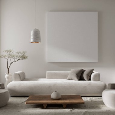 Oturma odasının içi modern mobilyalarla dolu. Poster çerçevesi modern iç tasarımı taklit ediyor. 3B illüstrasyon
