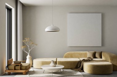 Oturma odasının içi modern mobilyalarla dolu. Poster çerçevesi modern iç tasarımı taklit ediyor. 3B illüstrasyon