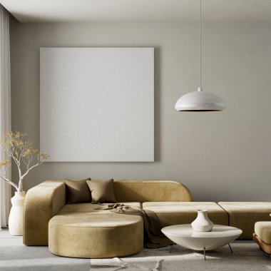 Oturma odasının içi modern mobilyalarla dolu. Poster çerçevesi modern iç tasarımı taklit ediyor. 3B illüstrasyon