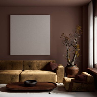 Oturma odasının içi modern mobilyalarla dolu. Poster çerçevesi modern iç tasarımı taklit ediyor. 3B illüstrasyon