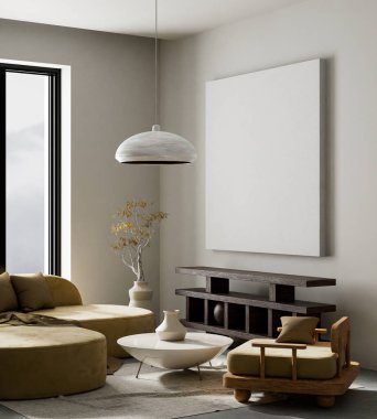 Oturma odasının içi modern mobilyalarla dolu. Poster çerçevesi modern iç tasarımı taklit ediyor. 3B illüstrasyon