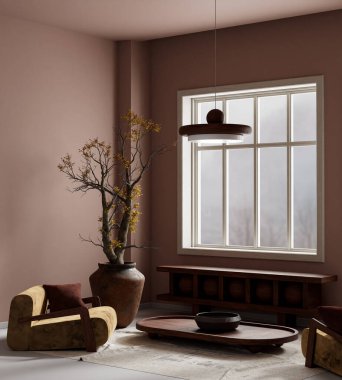 Oturma odasının içi modern mobilyalarla dolu. Poster çerçevesi modern iç tasarımı taklit ediyor. 3B illüstrasyon