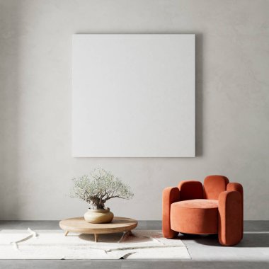 Oturma odasının içi modern mobilyalarla dolu. Poster çerçevesi modern iç tasarımı taklit ediyor. 3B illüstrasyon