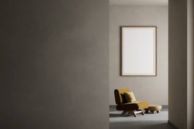 Oturma odasının içi modern mobilyalarla dolu. Poster çerçevesi modern iç tasarımı taklit ediyor. 3B illüstrasyon