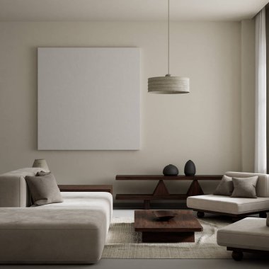 Oturma odasının içi modern mobilyalarla dolu. Poster çerçevesi modern iç tasarımı taklit ediyor. 3B illüstrasyon