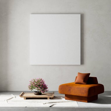 Oturma odasının içi modern mobilyalarla dolu. Poster çerçevesi modern iç tasarımı taklit ediyor. 3B illüstrasyon