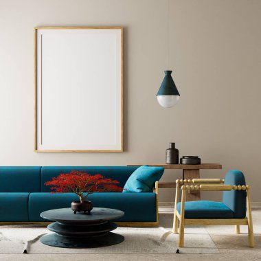 Oturma odasının içi modern mobilyalarla dolu. Poster çerçevesi modern iç tasarımı taklit ediyor. 3B illüstrasyon