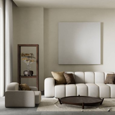Oturma odasının içi modern mobilyalarla dolu. Poster çerçevesi modern iç tasarımı taklit ediyor. 3B illüstrasyon