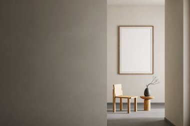 Oturma odasının içi modern mobilyalarla dolu. Poster çerçevesi modern iç tasarımı taklit ediyor. 3B illüstrasyon