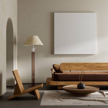 Oturma odasının içi modern mobilyalarla dolu. Poster çerçevesi modern iç tasarımı taklit ediyor. 3B illüstrasyon