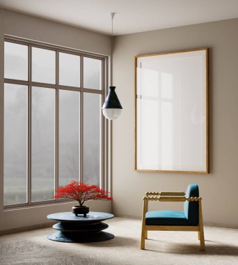 Oturma odasının içi modern mobilyalarla dolu. Poster çerçevesi modern iç tasarımı taklit ediyor. 3B illüstrasyon