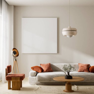 Oturma odasının içi modern mobilyalarla dolu. Poster çerçevesi modern iç tasarımı taklit ediyor. 3B illüstrasyon